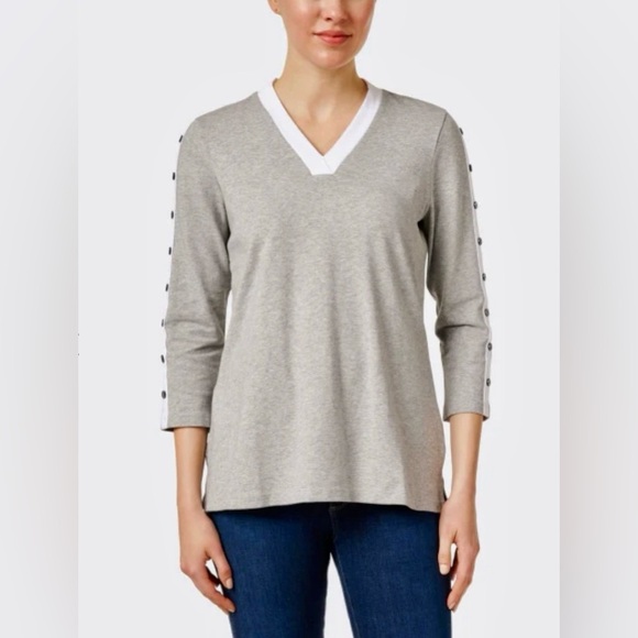 EUC E.L.I. Cotton/Spandex V-Neck Tunic Top W/ Button Sleeve Detail XL Gray/White - Picture 5 of 14